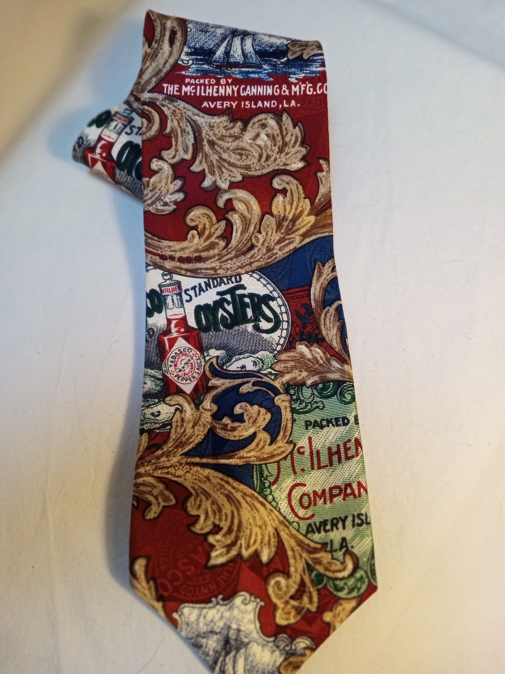 Tabasco Printed Silk Tie with Neptune, Oysters& Tacasco Sauce Motif